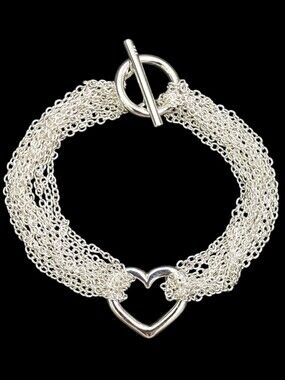 925 Sterling Silver Multi-Chain Heart Toggle Bracelet Elegant